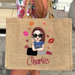 Personalised Lip Mark Cartoon Fashion Girl Reusable Large Jute Tote Bag with Name In Lipstick Birthday Bridesmaid Gift for Women