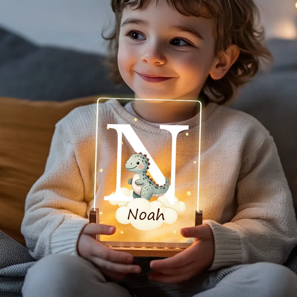 Personlig LED nattlampa med söt skogsdjur design akryl träbas namn och initialer födelsedag barndag present till barn