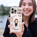 Henkilökohtainen Self Care Olet Raamatun jae Affirmation sarjakuva Slim Phone Case iPhone nimellä Syntymäpäivä Inspiroiva lahja naisille tytöille