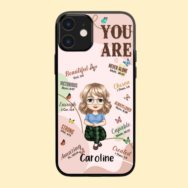 Henkilökohtainen Self Care Olet Raamatun jae Affirmation sarjakuva Slim Phone Case iPhone nimellä Syntymäpäivä Inspiroiva lahja naisille tytöille
