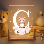 Personalised Cute Forest Animals Cloud Star Acrylic LED Night Light with Wooden Base Name and Initial Birthday Children's Day Gift for Boys Girls