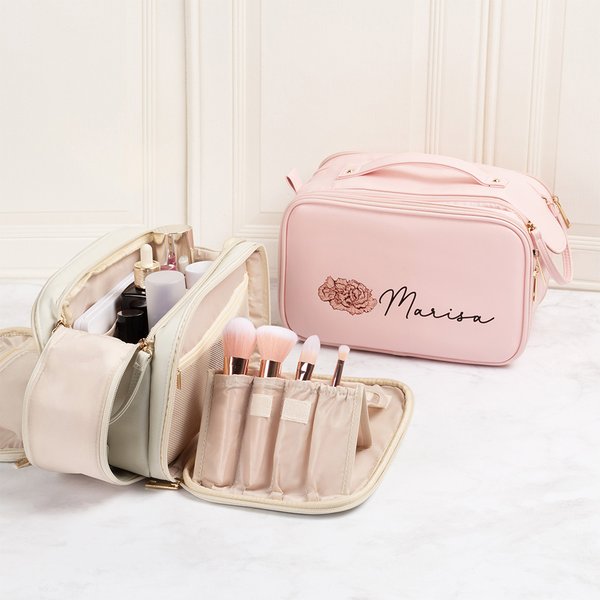 Personalisierte Geburt Blume große Multi Compartment wasserdichte Kosmetiktasche mit Make-up-Pinselhalter und Name Reise Essentials Geburtstag Geschenk für Frauen