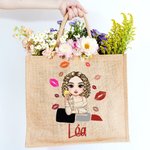 Personalised Lip Mark Cartoon Fashion Girl Reusable Large Jute Tote Bag with Name In Lipstick Birthday Bridesmaid Gift for Women