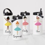 Personalized Colorful Cute Ballet Girl 15oz Insulated Name Water Bottle with Folding Straw and Handle Birthday Gift for Ballerina