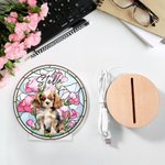 Gepersonaliseerd Cartoon Honden Portret Gebrandschilderd Glas Effect LED Nachtlampje met Houten Voet Uniek Verjaardagscadeau Huisdierbezitter