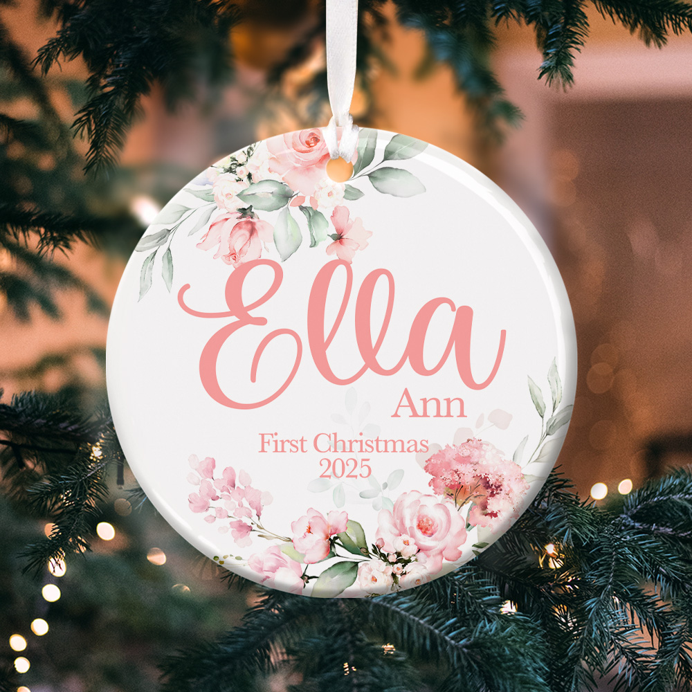 Ornement personnalisé en céramique avec fleurs roses et nom Décoration de l'arbre de Noël Premier cadeau de Noël pour bébé fille