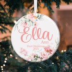 Personalized Pink Flowers Ceramic Ornament with Name Christmas Tree Decor First Christmas Gift for Baby Girl