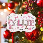 Personalized Coquette Pink Doodle Letter Bow Christmas Tree Ceramic Decoration with Name and Year Christmas Tree Decor for Girls Kids