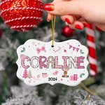 Personalized Coquette Pink Doodle Letter Bow Christmas Tree Ceramic Decoration with Name and Year Christmas Tree Decor for Girls Kids