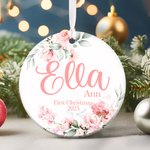 Personalized Pink Flowers Ceramic Ornament with Name Christmas Tree Decor First Christmas Gift for Baby Girl