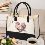 Personalisierte Cartoon-Charakter Blumenherz Canvas Tragetasche mit Namen und Griffen Reise Zubehör Valentinstag Geburtstag Geschenk für Damen