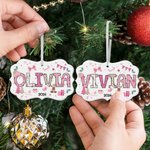 Personalized Coquette Pink Doodle Letter Bow Christmas Tree Ceramic Decoration with Name and Year Christmas Tree Decor for Girls Kids