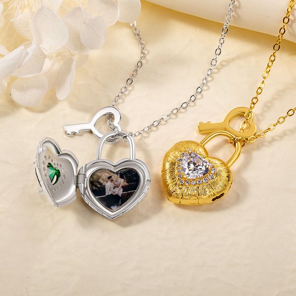 Personligt Love Lock Photo Locket-halsband med hjärtfödelsesten och nyckelberlock Smycken Födelsedags- och jubileumsgåva för kvinnor