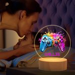 Veilleuse LED Personnalisée avec Nom de Pixel Motif de Manette de Jeu Style Éclaboussure d'Encre Cadeau Anniversaire pour Homme Enfant