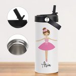 Personalized Colorful Cute Ballet Girl 15oz Insulated Name Water Bottle with Folding Straw and Handle Birthday Gift for Ballerina