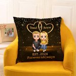 Personalized Starry Double Heart Cartoon Character Throw Pillow Cover with Name and Year Home Decor Valentine's Day Anniversary Gift for Couple
