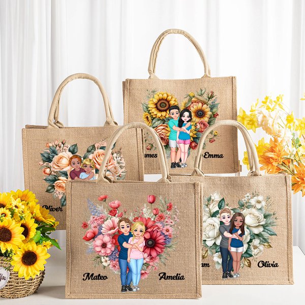 Personalized Flower Heart Cartoon Couple Reusable Jute Tote Bag with Handle Valentine's Day Wedding Gift for Couples