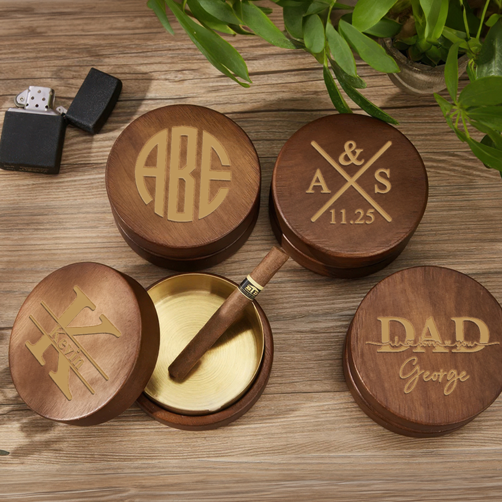 Cendrier portable personnalisé en acier inoxydable avec couvercle en noyer et monogramme gravé Cadeau d'anniversaire pour fumeur Homme