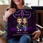 Personalized Starry Double Heart Cartoon Character Throw Pillow Cover with Name and Year Home Decor Valentine's Day Anniversary Gift for Couple