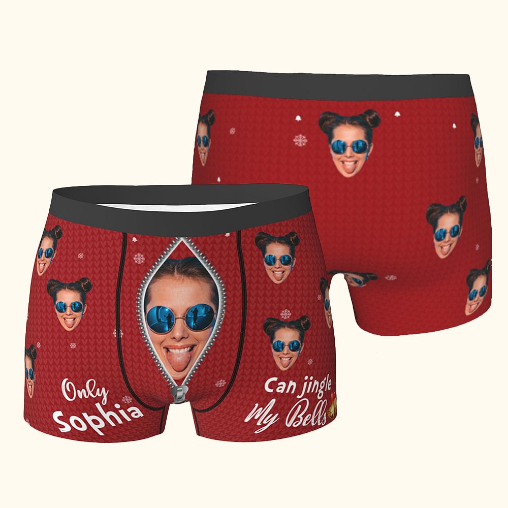 Caleçon Personnalisé avec Photo de Visage et Nom Thème Jingle My Bells Cadeau Amousant de Noël Anniversaire pour Homme