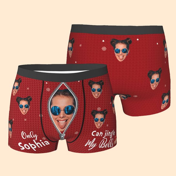 Personalized Jingle My Bells Face Photo Boxer Brief with Name Funny Quote Men's Underwear Valentine's Day Christmas Gift for Him