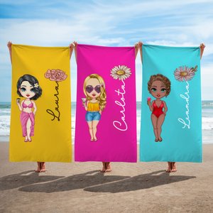 Toalla de playa personalizada multicolor y de secado rápido con dibujo de mujer y flor de nacimiento con nombre accesorio de playa regalo para amiga