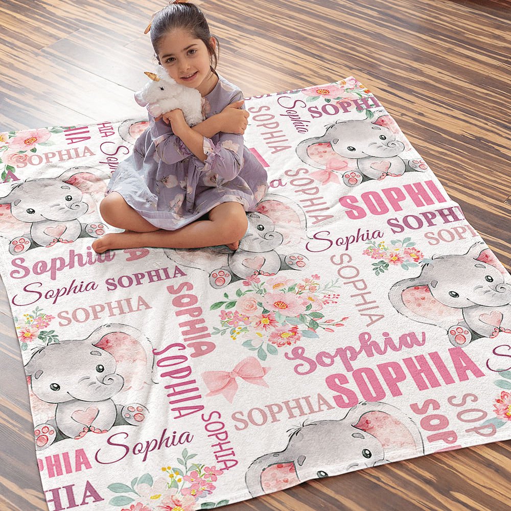 Personlig söt rosa blå blommig elefant mjuk kasta filt med flera namn Nusery rumsinredning födelsedag baby shower present till pojkar flickor
