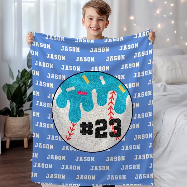 Personalisierte Baseball Eiscreme -Tropf Mehrfarbige Weiche Decke mit Namen und Teamnummer Spieltag Geburtstagsgeschenk für Baseball-Liebhaber