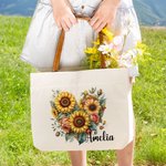 Personalized Rose Sunflower Floral Heart Wreath Canvas Tote Bag with Name and Leather Handle Birthday Valentine's Day Bridesmaid Gift for Women