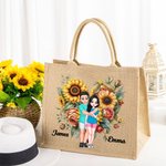 Personalized Flower Heart Cartoon Couple Reusable Jute Tote Bag with Handle Valentine's Day Wedding Gift for Couples