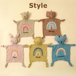 Gepersonaliseerd schattig konijntje beer leeuw zacht katoenen knuffeldoekje met regenboog en naam verjaardagscadeau voor pasgeborenen