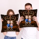 Personalized Starry Double Heart Cartoon Character Throw Pillow Cover with Name and Year Home Decor Valentine's Day Anniversary Gift for Couple