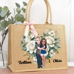 Personalized Flower Heart Cartoon Couple Reusable Jute Tote Bag with Handle Valentine's Day Wedding Gift for Couples