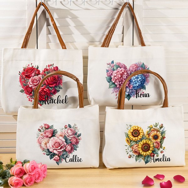 Personalizzato Rose Sunflower Floral Heart Wreath Canvas Tote Bag con nome e maniglia in pelle Compleanno San Valentino Damigella d'onore regalo per l
