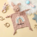 Gepersonaliseerd schattig konijntje beer leeuw zacht katoenen knuffeldoekje met regenboog en naam verjaardagscadeau voor pasgeborenen