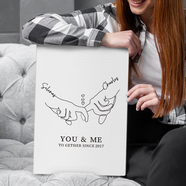 Personalized Holding Hands Painting with Name and Date Valentine's Day Anniversary Gift for Couple