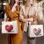 Personalized Rose Sunflower Floral Heart Wreath Canvas Tote Bag with Name and Leather Handle Birthday Valentine's Day Bridesmaid Gift for Women