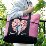 Personalized Cartoon Hugging Couple Heart Shaped Flower Large Canvas Tote Bag with Mesh Valentine's Day Anniversary Gift for Couple