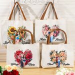 Personalized Flower Heart Cartoon Couples Canvas Tote Bag with Leather Handle Valentine's Day Anniversary Gift for Couples
