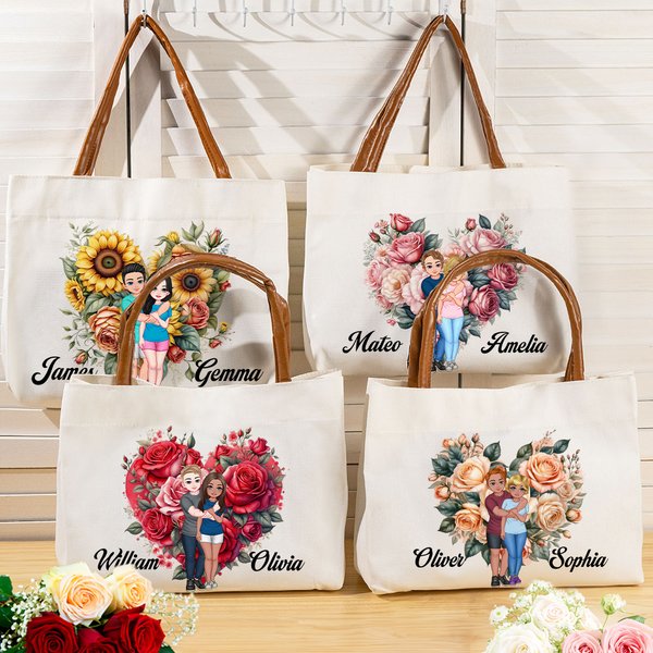 Personalized Flower Heart Cartoon Couples Canvas Tote Bag with Leather Handle Valentine's Day Anniversary Gift for Couples