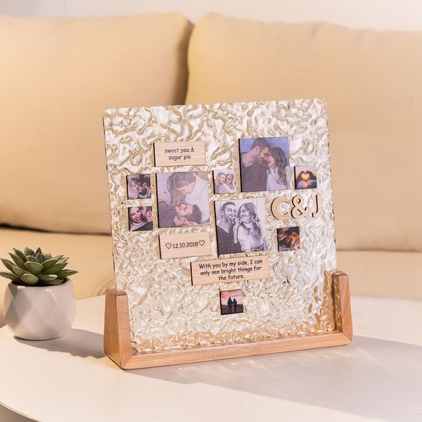 Personalised Heart Shaped 9 Photos Collage Acrylic Ripple Frame with Wood Base Desk Decor Valentine's Day Anniversary Gift for Couple