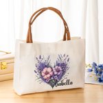 Personalized Rose Sunflower Floral Heart Wreath Canvas Tote Bag with Name and Leather Handle Birthday Valentine's Day Bridesmaid Gift for Women
