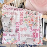 Personalized Cute Pink Blue Floral Elephant Soft Throw Blanket with Multiple Names Nusery Room Decor Birthday Baby Shower Gift for Boys Girls