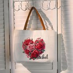 Personalized Rose Sunflower Floral Heart Wreath Canvas Tote Bag with Name and Leather Handle Birthday Valentine's Day Bridesmaid Gift for Women