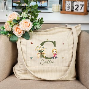 Personalized Birth Flower Bouquet Cartoon Character Corduroy Tote Bag with Initial and Name Daily Use Birthday Mother's Day Gift for Girl Women