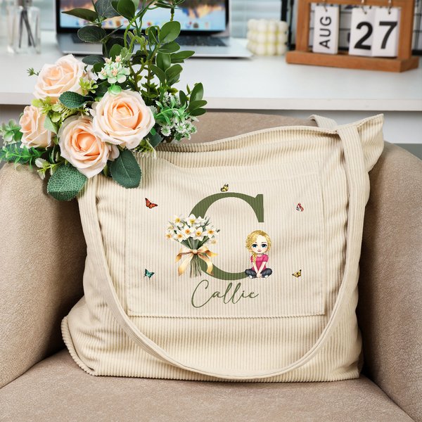 Personifierad Födelseblomma Bukett Tecknad karaktär Corduroy Tote Bag med initialer och namn Daglig användning Födelsedag Mors dag Present till flicka Kvinnor