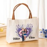 Personalized Flower Heart Cartoon Couples Canvas Tote Bag with Leather Handle Valentine's Day Anniversary Gift for Couples
