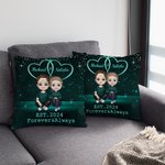 Personalized Starry Double Heart Cartoon Character Throw Pillow Cover with Name and Year Home Decor Valentine's Day Anniversary Gift for Couple