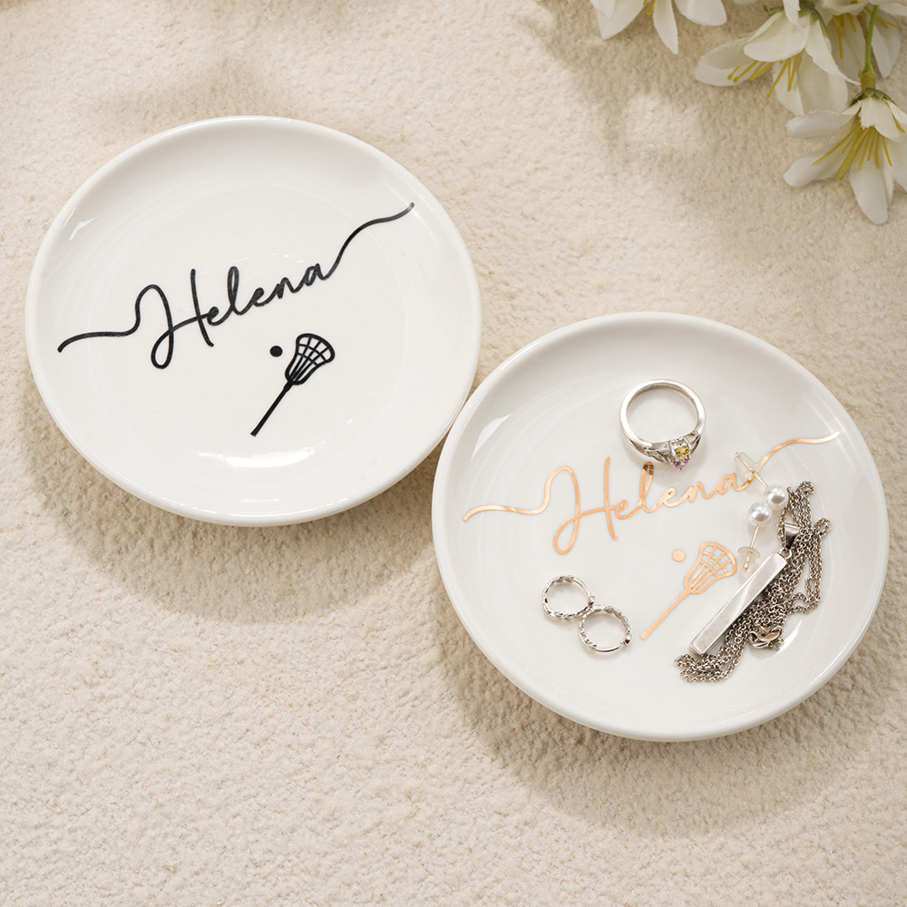 Miroir personnalisé Lacrosse Design Name Ceramic Trinket Jewelry Dish Aesthetic Home Decor Birthday Sports Team Gift for Women Lacrosse Lovers