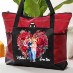 Personalized Cartoon Hugging Couple Heart Shaped Flower Large Canvas Tote Bag with Mesh Valentine's Day Anniversary Gift for Couple